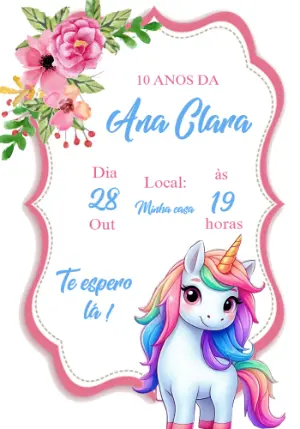 Convite de Aniversário Unicórnio Fofo para Editar Online