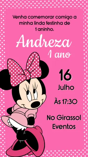 Convite Animado Aniversário Minnie Rosa para Editar Online