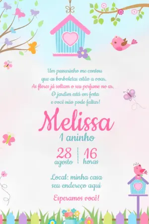 Convite Aniversário Jardim Encantado com Passarinhos para Editar