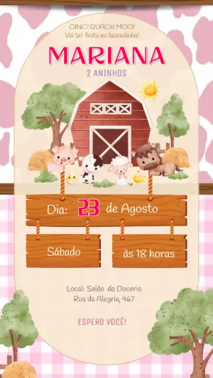 Convite Digital Aniversário Fazendinha Rosa para Editar