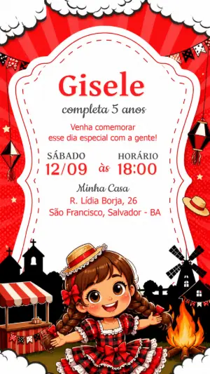 Convite de Aniversário Festa Junina Menina Editável