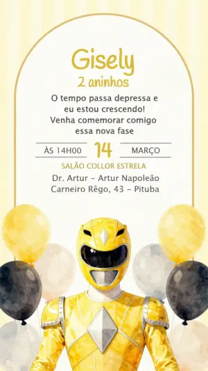 Convite Digital Aniversário Infantil Power Ranger Amarelo