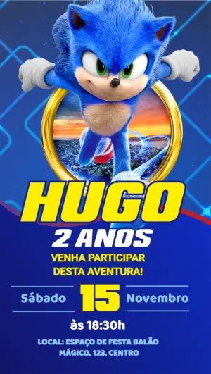 Convite de Aniversário Sonic Moderno para Editar
