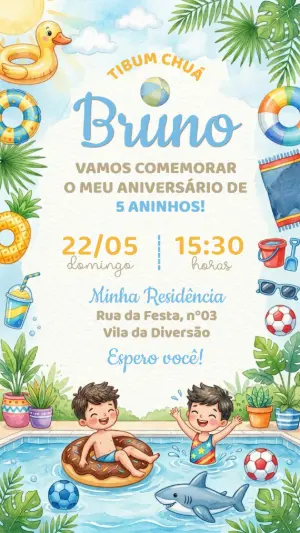Convite de Aniversário Pool Party Menino Aquarela Editável