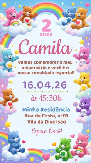 Convite de Aniversário Ursinhos Carinhosos Colorido para Editar