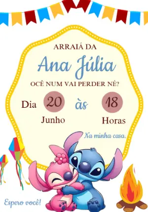 Convite Festa Junina Angel e Stitch para Editar Online