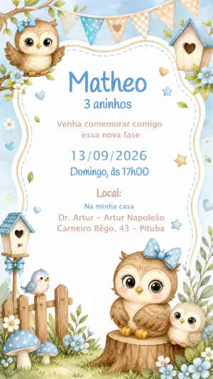 Convite de Aniversário Corujinha Menino para Editar Online