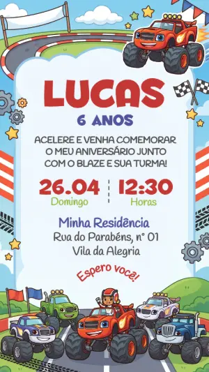 Convite de Aniversário Blaze e os Monster Machines Editável