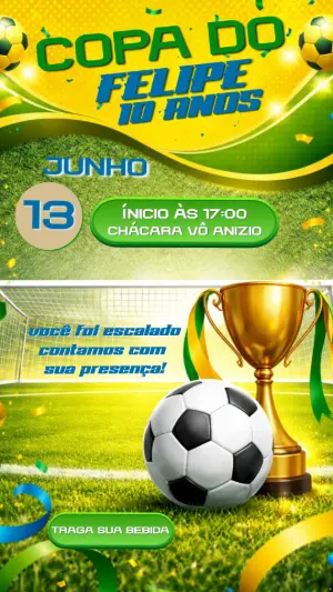 Convite de Aniversário Futebol Verde e Amarelo para Editar