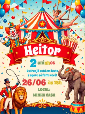 Convite de Aniversário Circo Infantil Colorido para Editar