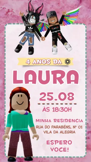 Convite de Aniversário Roblox Menina Rosa para Editar Online