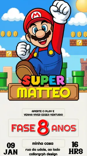 Convite de Aniversário Super Mario Editável para Festa Infantil
