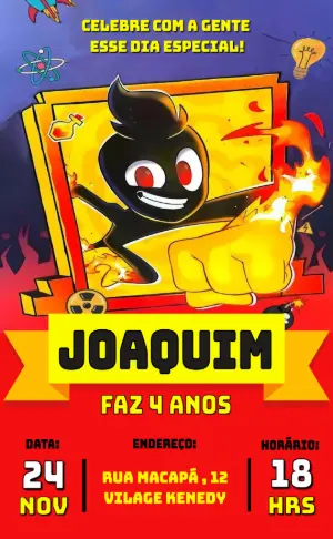 Convite de Aniversário Stickman Herói de Ação Editável