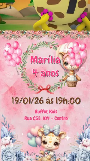 Convite Animado Aniversário Girafinha Fofa para Editar