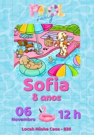 Convite Aniversário Pool Party com Cachorrinhos para Editar