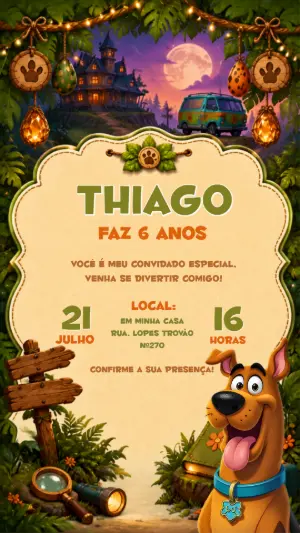 Convite de Aniversário Scooby Doo Mistério na Selva Editável
