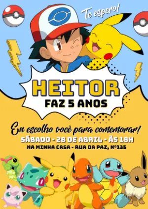 Convite de Aniversário Pokémon com Ash e Pikachu para Editar