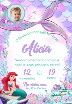Convite Digital Aniversário Pequena Sereia com Foto para Editar