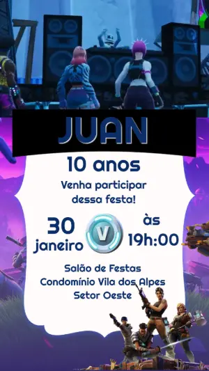 Convite Animado Aniversário Fortnite Gamer para Editar