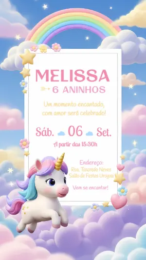 Convite de Aniversário Unicórnio Fofo para Editar Online