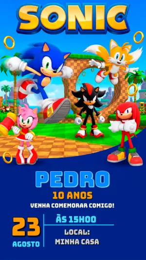 Convite Digital Tema Sonic para Aniversário Infantil Editável