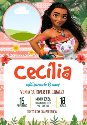 Convite de Aniversário Moana Tropical para Editar Online