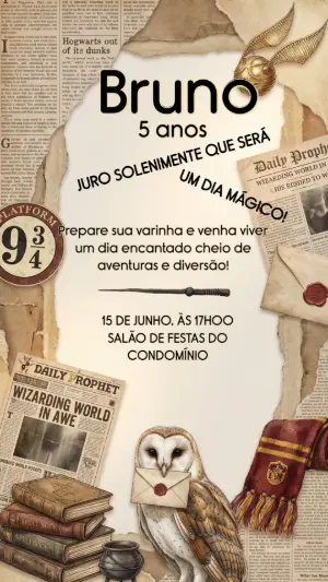 Convite de Aniversário Harry Potter Mágico | Modelo Editável