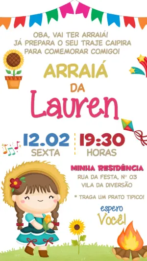 Convite de Aniversário Arraiá Menina Caipira Editável