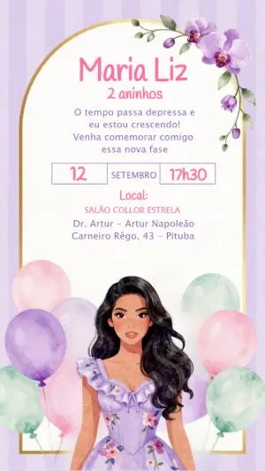 Convite de Aniversário Princesa Lilás Aquarela para Editar