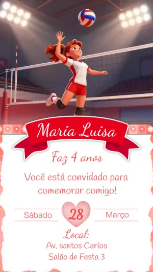Convite de Aniversário Vôlei Menina Modelo Digital para Editar