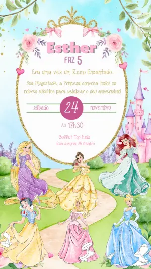 Convite de Aniversário Princesas Disney Aquarela para Editar
