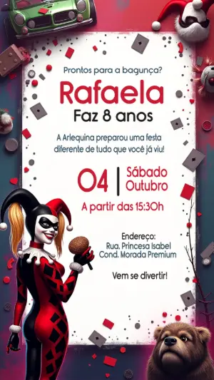 Convite de Aniversário Arlequina para Editar e Enviar Online