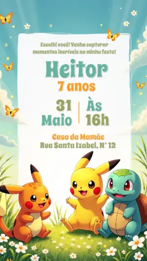 Convite de Aniversário Pokémon com Personagens para Editar Online