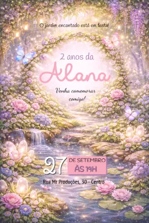 Convite Aniversário Jardim Encantado Mágico Modelo Editável