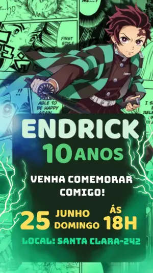 Convite de Aniversário Demon Slayer Editável com Tanjiro