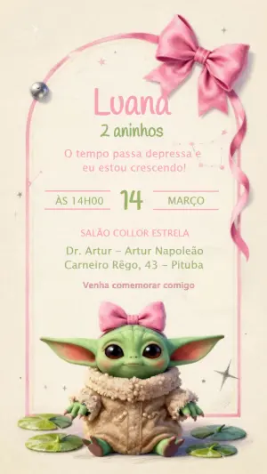 Convite de Aniversário Baby Yoda Menina Rosa Editável