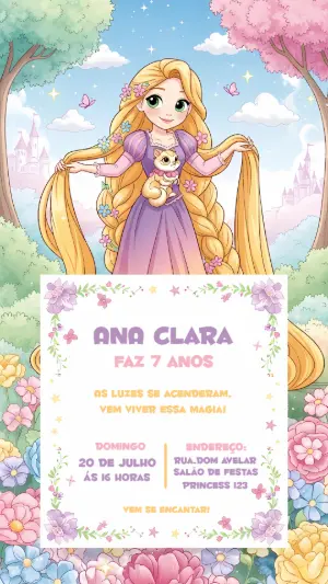 Convite de Aniversário Rapunzel para Editar Online
