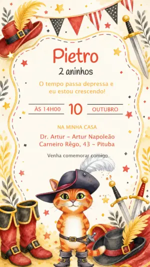 Convite Aniversário Gato de Botas Aquarela Editável