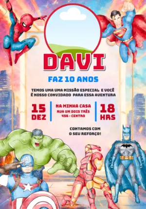 Convite de Aniversário Super-Heróis Aquarela com Foto Editável