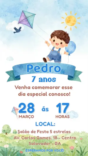 Convite Digital Aniversário Menino Pipa e Balão Editável