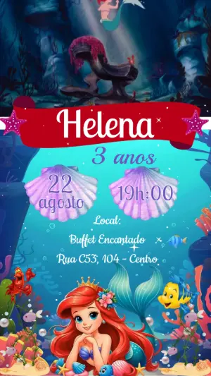 Convite Animado Sereia Ariel: Vídeo de Aniversário para Editar