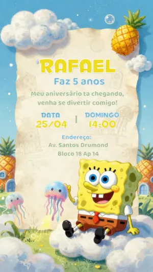 Convite de Aniversário Bob Esponja Ilustrado para Editar