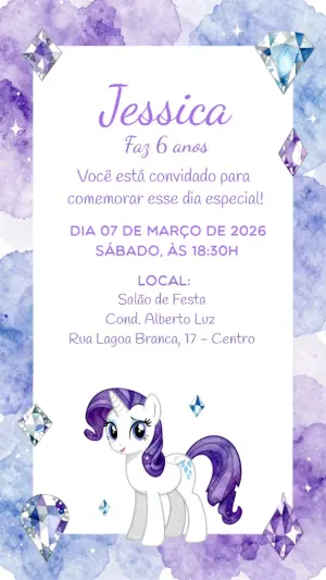Convite de Aniversário Rarity My Little Pony Editável