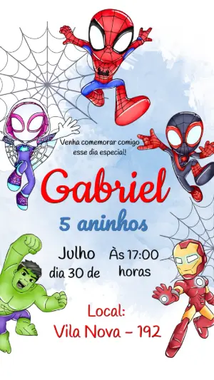 Convite de Aniversário Homem-Aranha e Amigos Chibi Editável