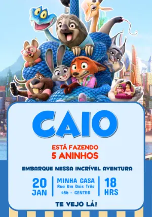 Convite Digital Aniversário Infantil Zootopia Modelo Editável