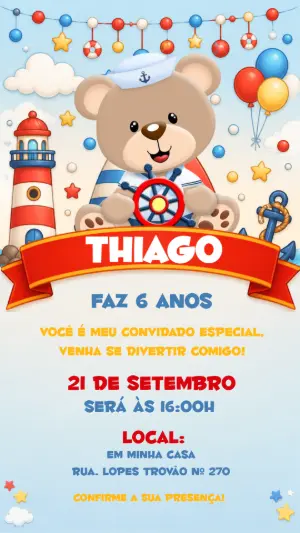 Convite de Aniversário Ursinho Marinheiro Editável