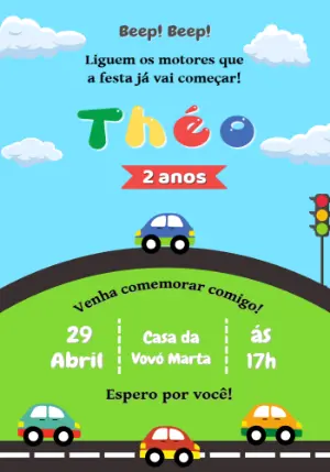 Convite de Aniversário Tema Carrinhos para Editar Online