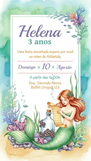 Convite de Aniversário Pequena Sereia para Editar Online