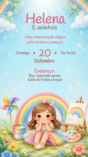 Convite Aniversário Menina Pintora e Arco-íris Editável