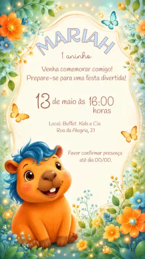 Convite Animado de Aniversário Capivara Fofa para Editar